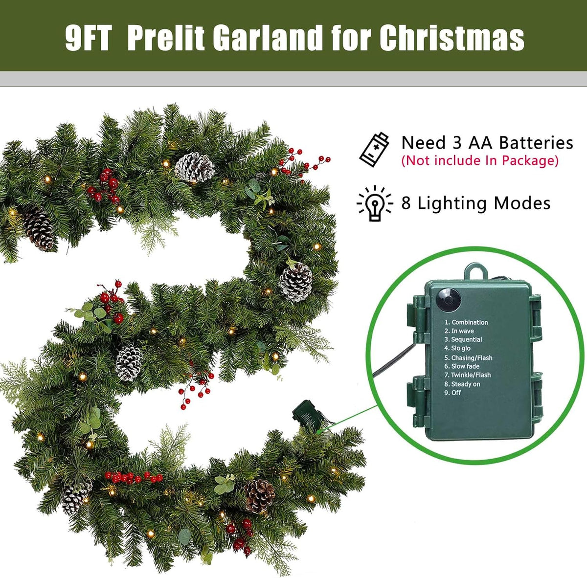 Prelit Christmas Garland 9 ft with Lights - Red Style Pre lit Garland for Christmas Holiday Decorations. Thick Branch