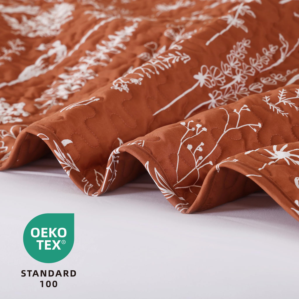 Quilts Floral Bed Spread Terracotta Quilts with Botanical Pattern Burnt Orange Microfiber