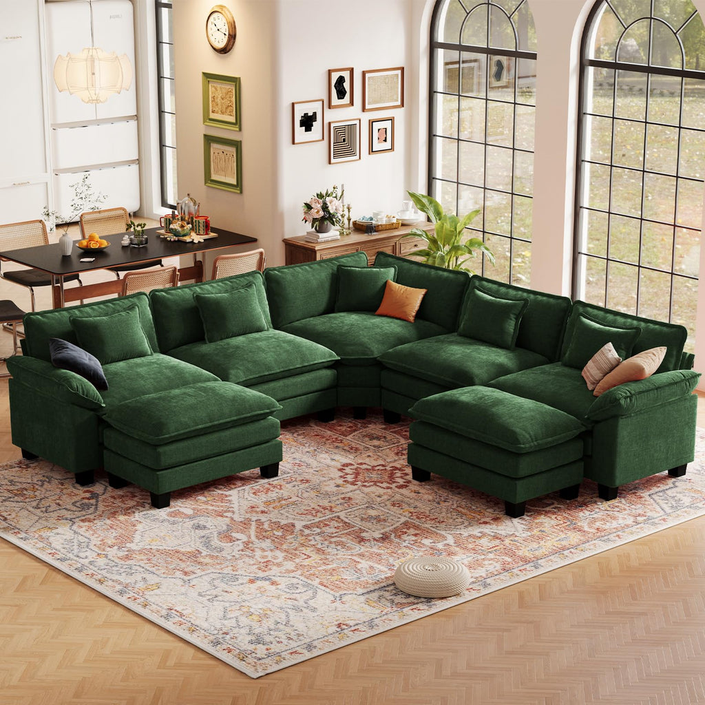 117" Oversized V-Shaped Modular Sectional Cloud Couch with Corner, Comfy 7-Seat Sofa w/ 2 Ottomans, Chenille Deep