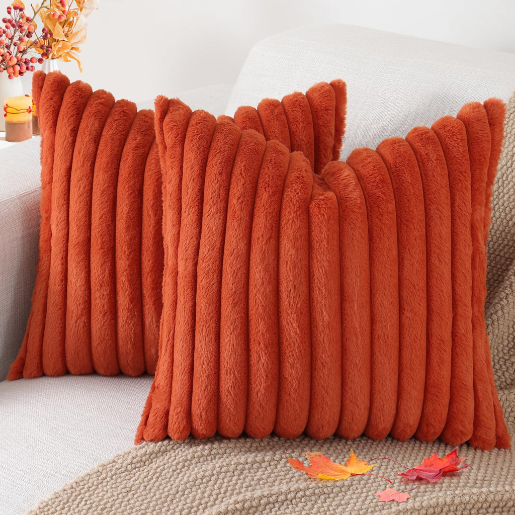 Faux Fur Fall Decorative Throw Pillow Covers 16x16 Set of 2, Rust