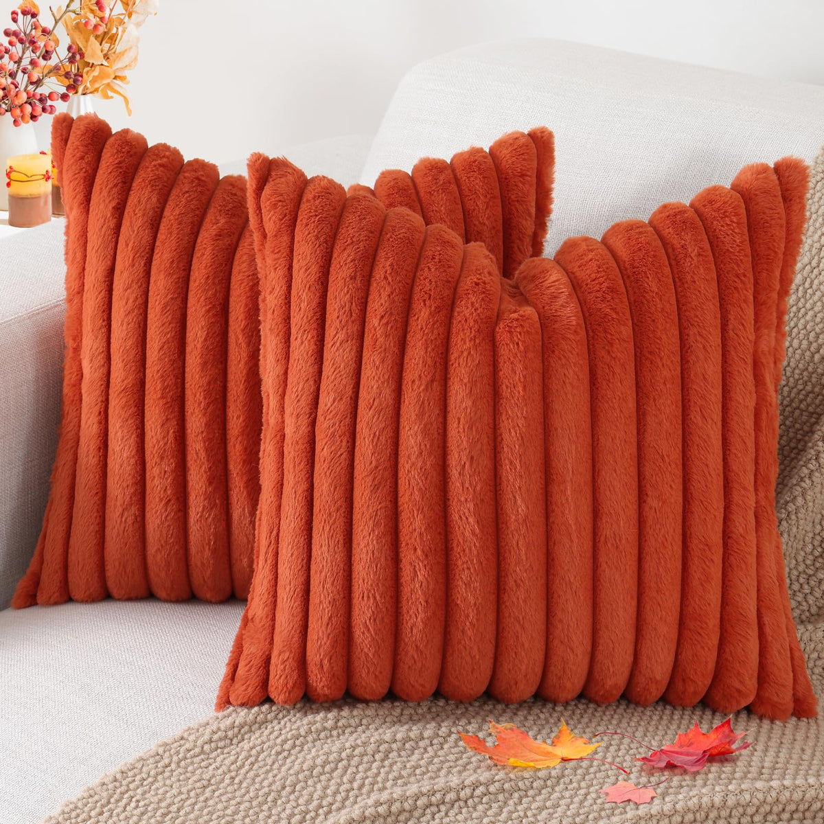 Faux Fur Fall Decorative Throw Pillow Covers 16x16 Set of 2, Rust