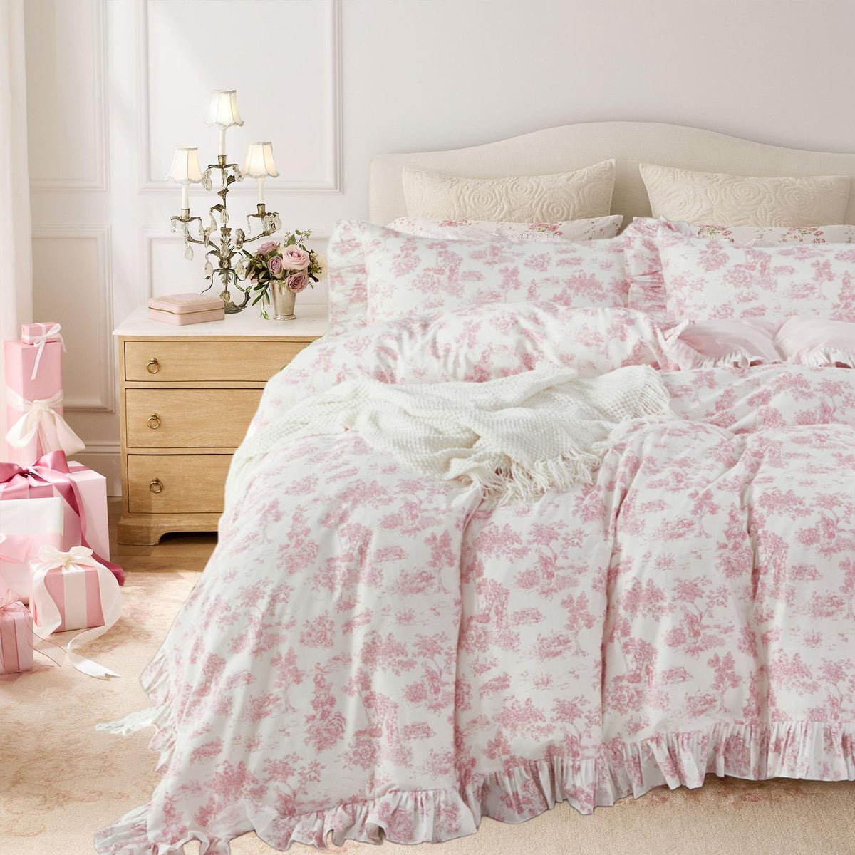French Country Toile Queen Duvet Cover Set for Girl Women Bedroom Vintage Pink Toile Floral Print 100% Cotton Duvet