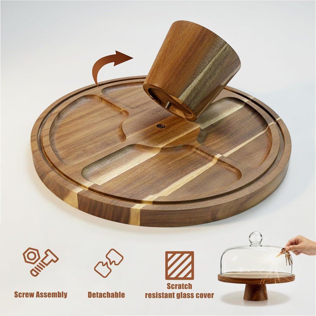 Acacia Wood Cake Stand with Scratch-Resistant Glass Dome Lid - 12-Inch Round Cake Holder with Screw-Type Base, Wooden
