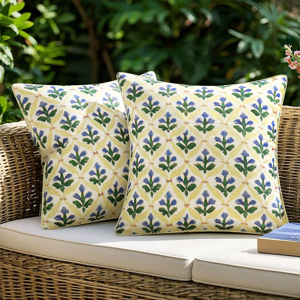 Outdoor Floral Pillow Covers Waterproof 18x18 Yellow-Blue