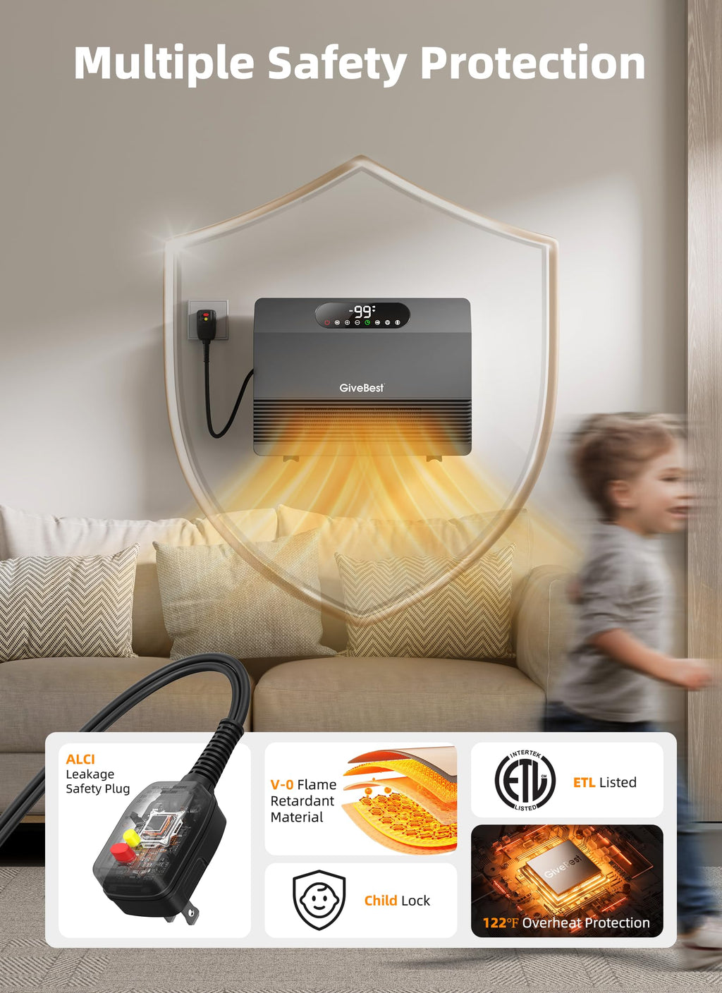 Smart Wall Heater, 1500W Fast Heating Space Heater with ALCI Plug