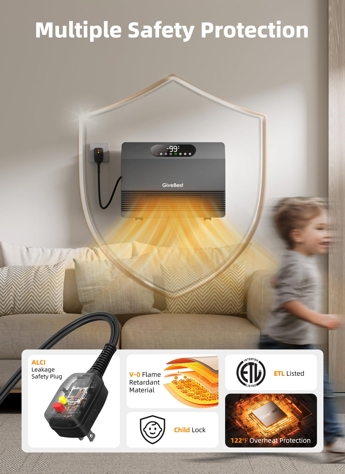 Smart Wall Heater, 1500W Fast Heating Space Heater with ALCI Plug