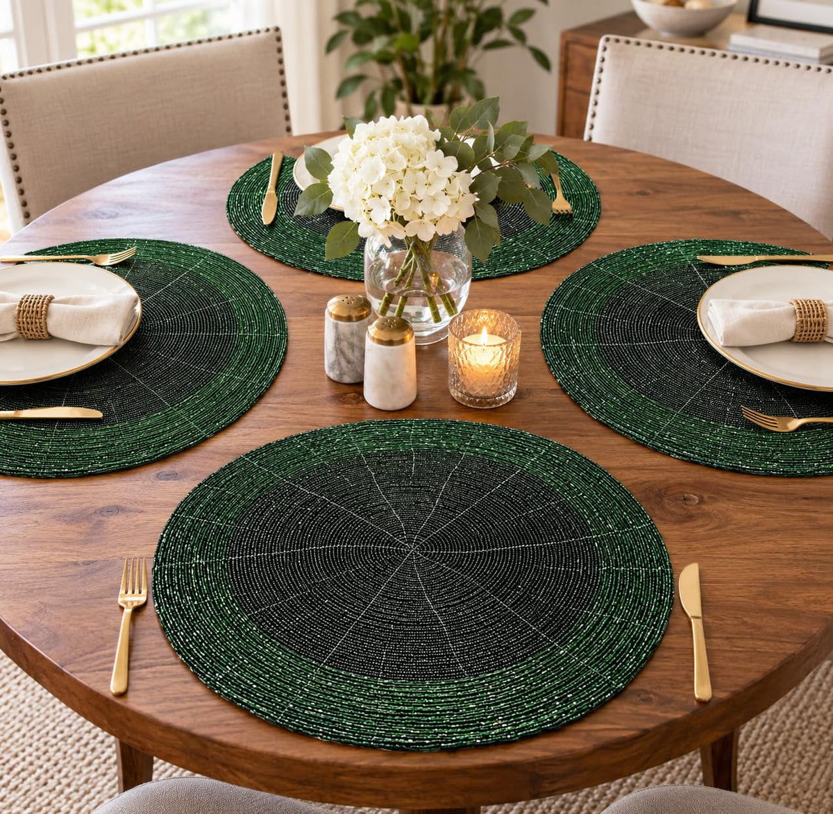 Beaded Round placemats Set of 4, 13 Inch Charger Green Tonal