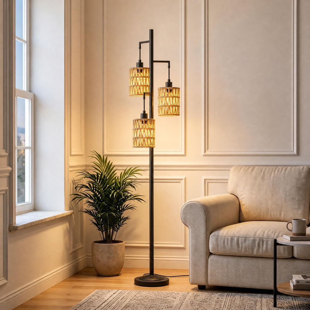 3 Lights Rattan Floor Lamps with ON/Off Foot Switch Tree Standing Lamp with Wood Rattan Lampshades Boho Floor Lamp