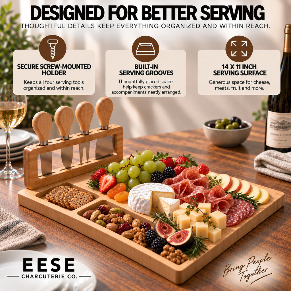 Charcuterie Board Set - 14 x 11 Cheese Board & Mounted Utensil Holder