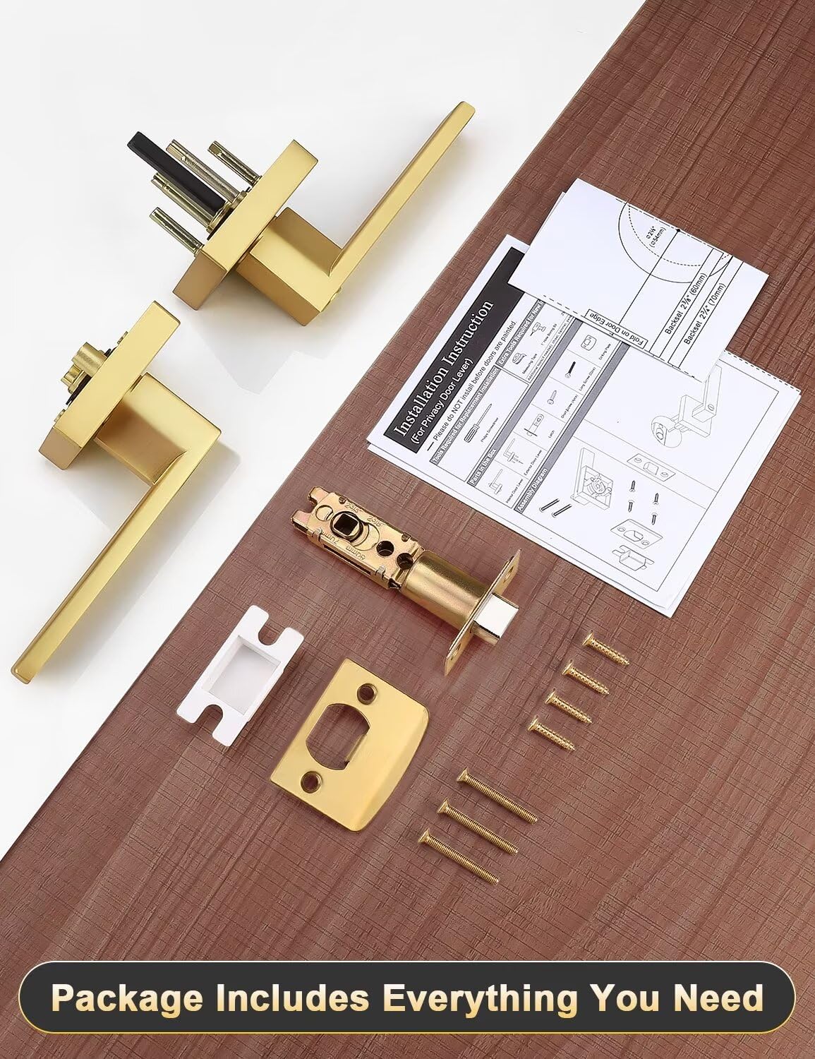 1 Pack Gold Keyless Square Levers Handles, Satin Brass Finish, Interior Passage Door Locksets for Hall Closet Door