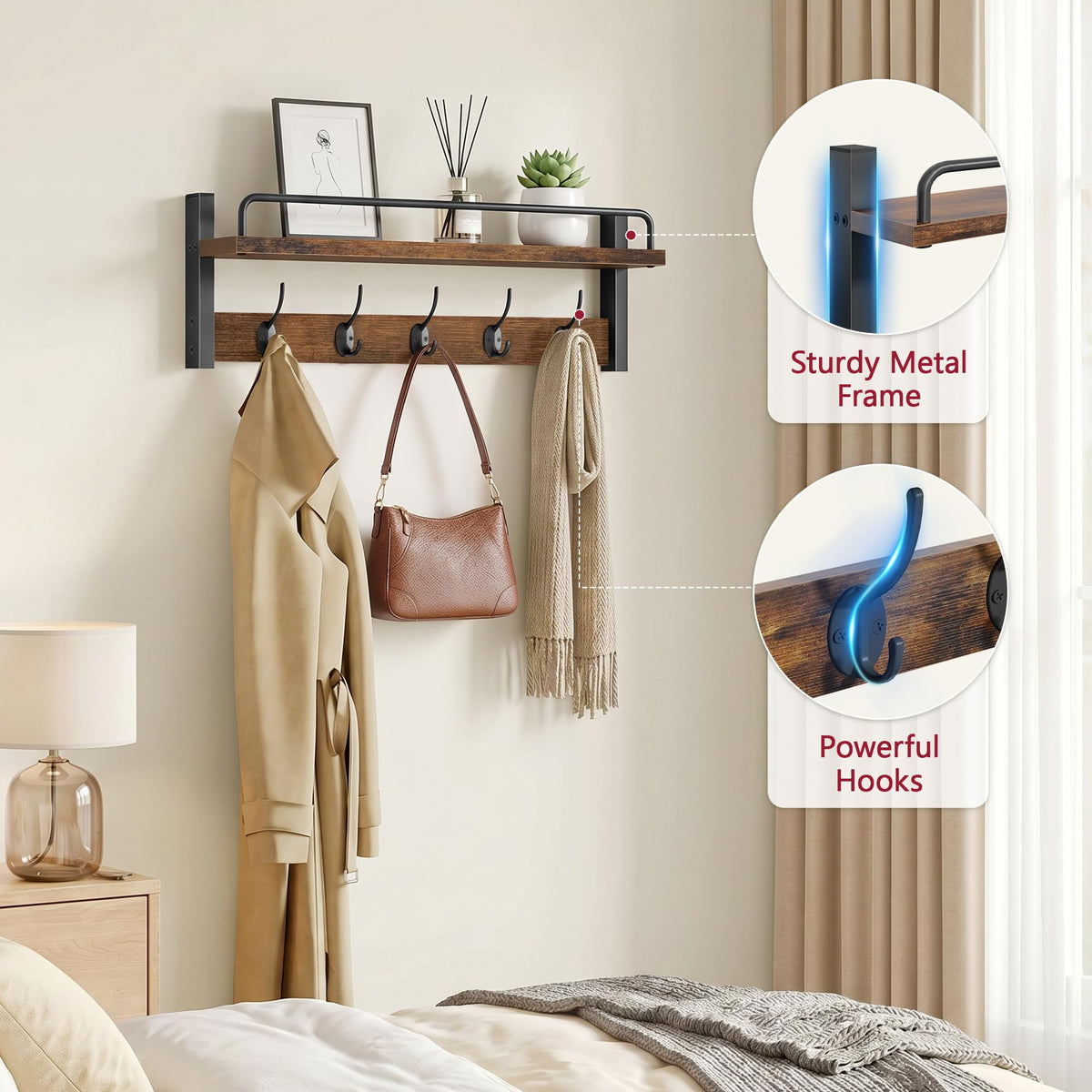 32.6"(16.3"*2) Wall Hooks with Shelf and Guardrail, Rustic Brown