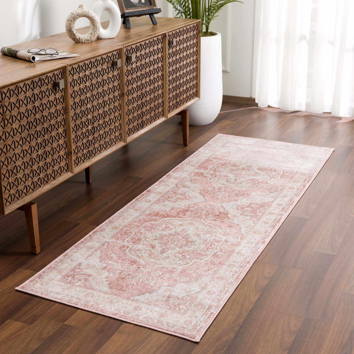 Pink Oriental Traditional Cream 7ft Runner Rug Plum Beige Floral Medallion Kandos Hallway Kitchen Corridor Stairway