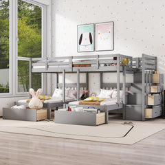 L Shaped Bunk Bed Full Over Twin Over Twin for 3, Triple Bunk Beds Frame with Storage Drawers and Staircase