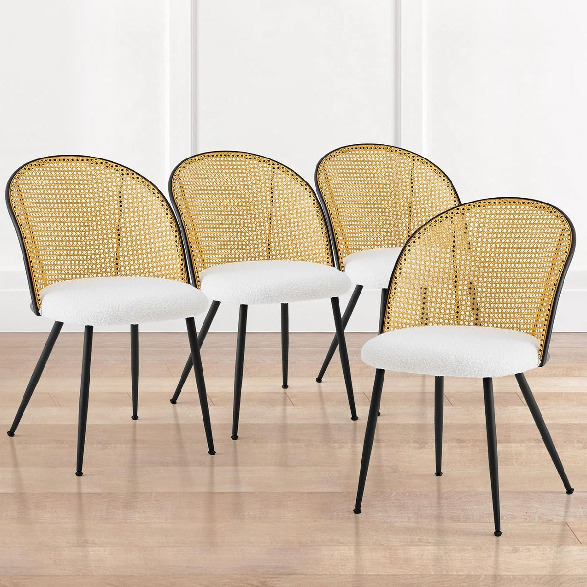 Rattan Dining Chairs Set of 4, Mid-Century Modern Upholstered Kitchen Chairs with Cane Backrest, Armless Farmhouse Dining Chairs with Metal Legs, White