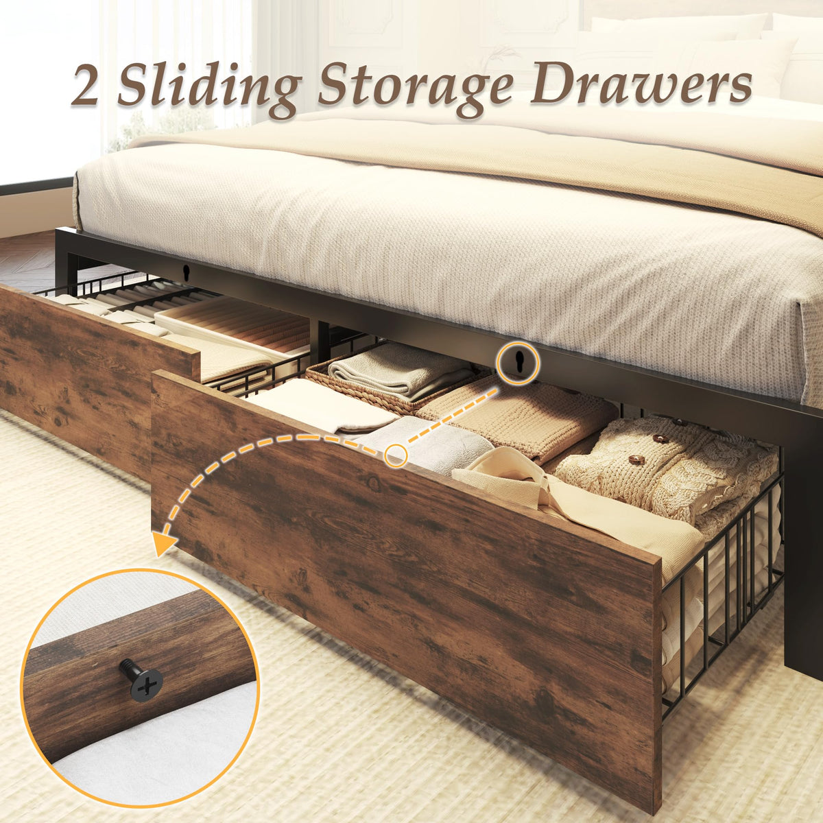 Bed Frame with Charging Station, LED Lights, 2 Drawers, Rustic Brown