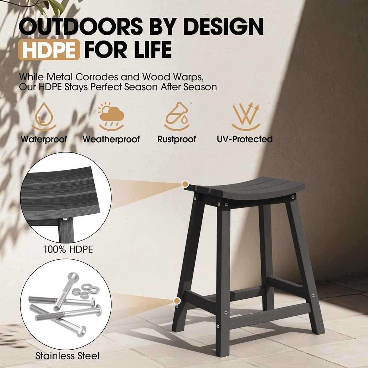 2 Set 24" Outdoor Bar Stools Heavy Duty HDPE Counter Height Bar Stools Weatherproof Patio Seats Modern Waterproof