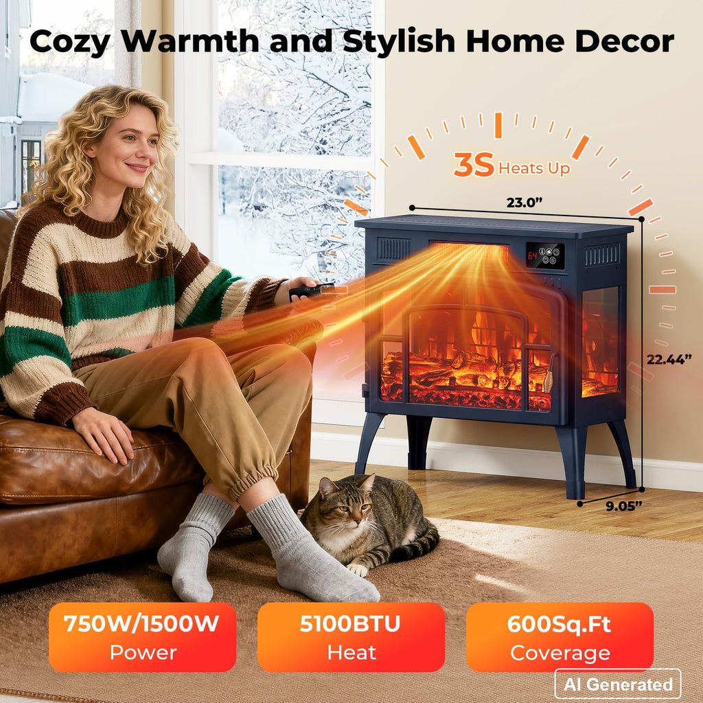 23" Electric Fireplace Heater, Freestanding Fireplace Stove, Infrared Heating, 3D Flame, Thermostat, Overheat