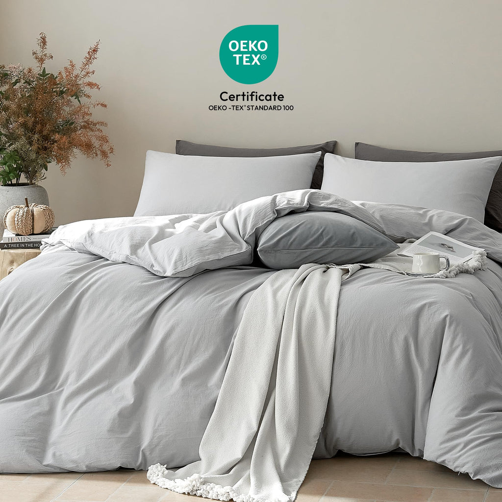 100% Cotton Duvet Cover Set, Washed Linen-Like Texture