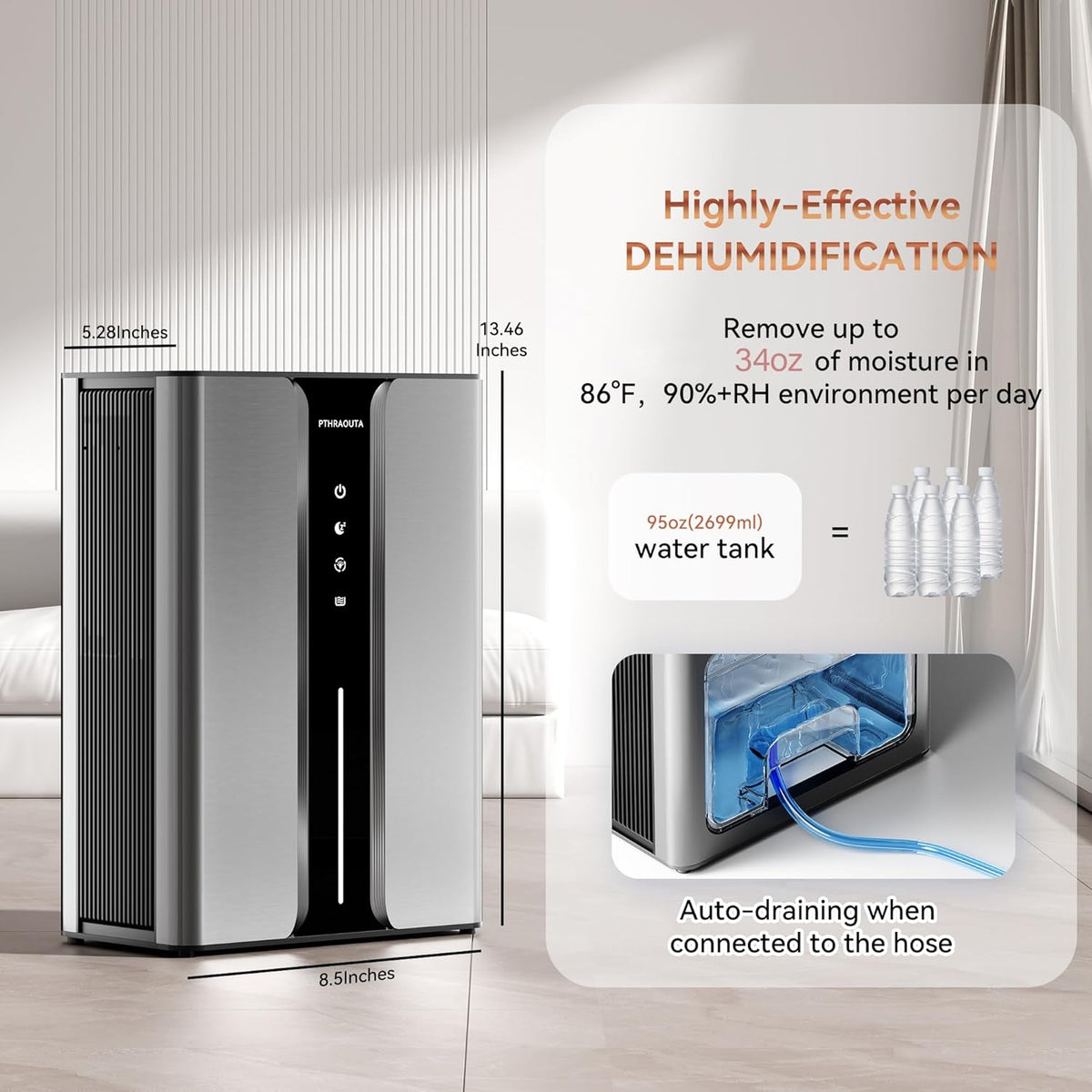 Home Dehumidifier with Drain Hose, (950 sq.ft) 95oz Quiet dehumidifier for Bathroom Bedroom