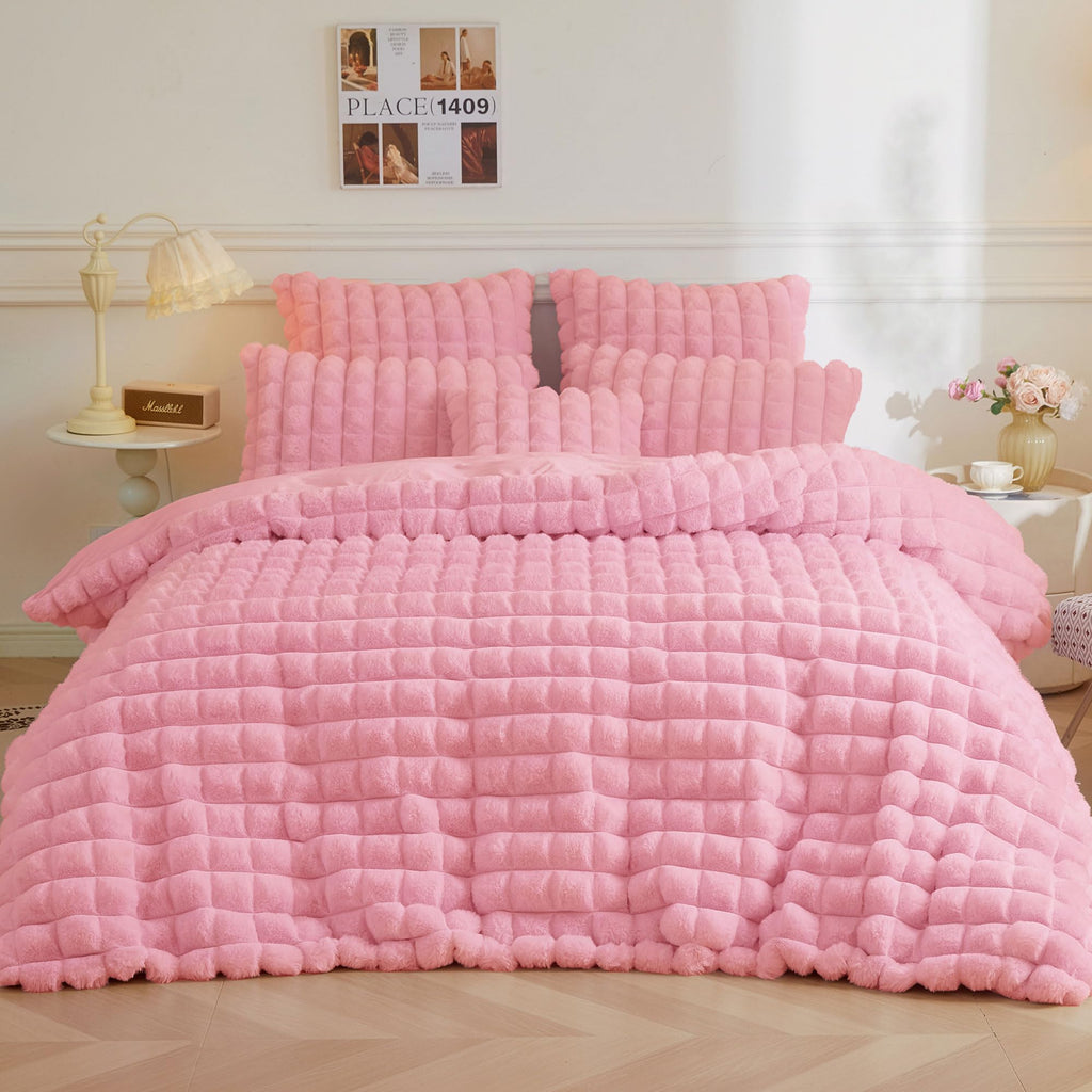 Fluffy Bubble Faux Rabbit Fur Duvet Cover Set 3 PCS, Pink