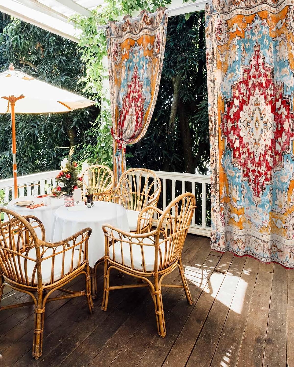 Outdoor Curtains (Set of 2 Panels) , Red Orange Boho Waterproof Blackout Outside Curtain for Porch/Pergola/Gazebo, Ethnic Tribe