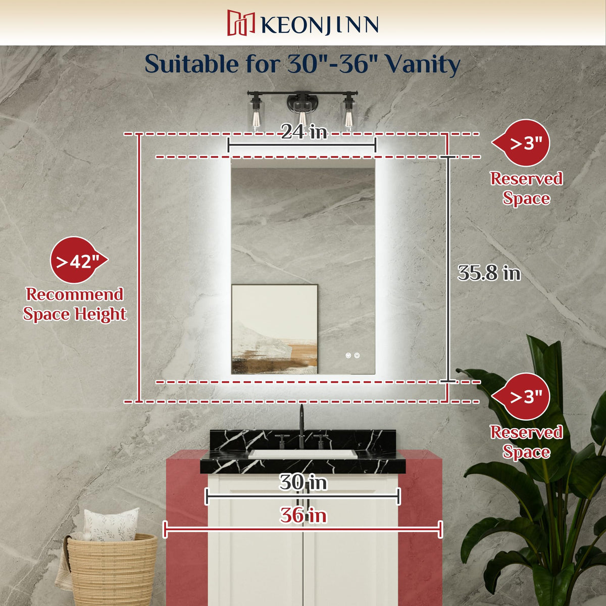 24" x 36" LED Mirror, Backlit Mirror 6000K Daylight