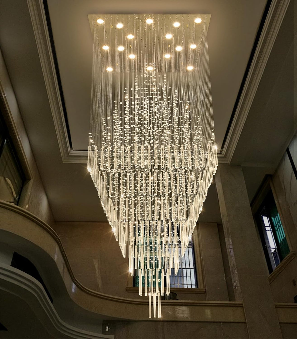 Square 40 x 120 Inch Glam Crystal Chandelier with LED Bulbs for Tall Entryways