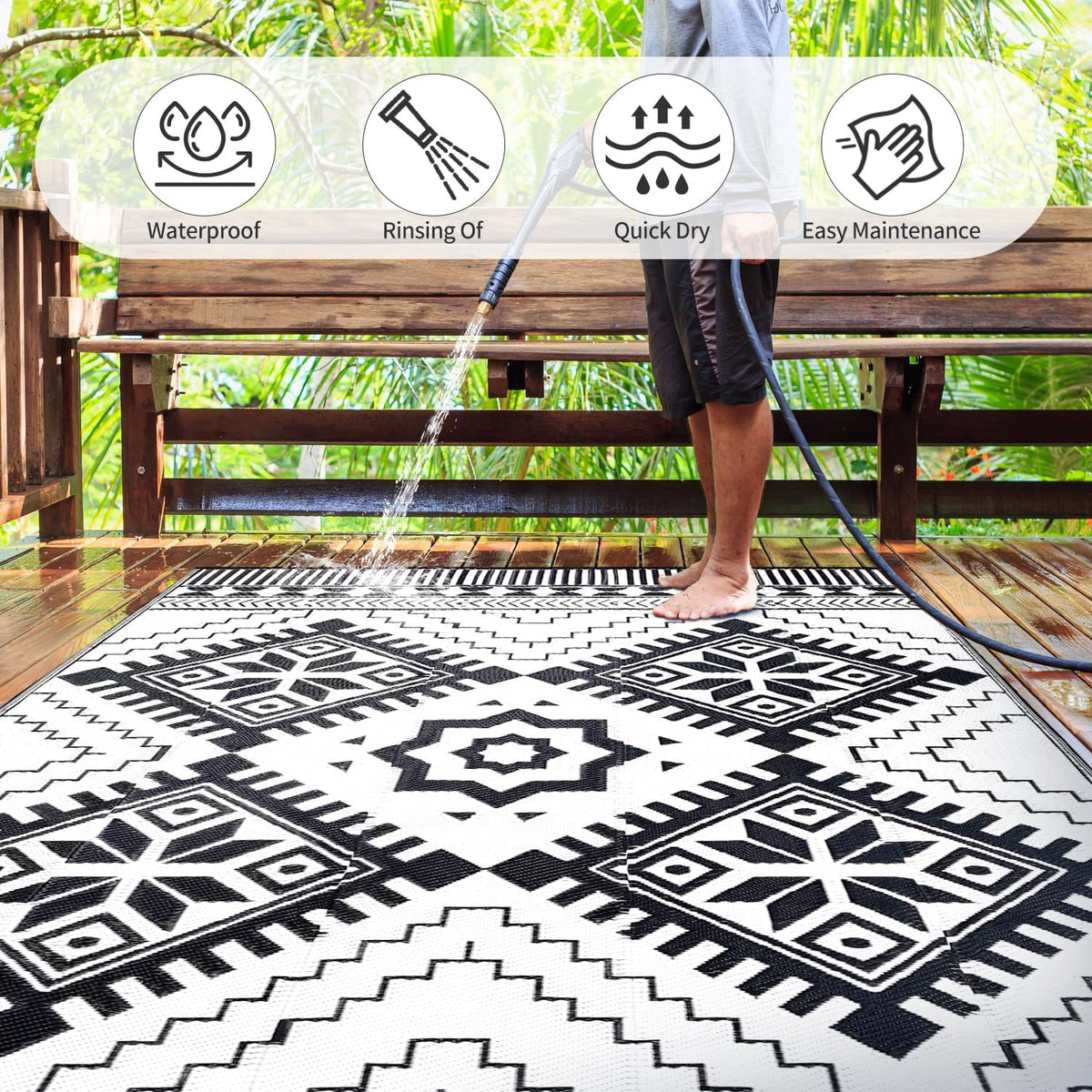 Waterproof Outdoor Rug, Boho Reversible Plastic Straw Mat RV Deck Porch Backyard Balcony Camping Picnic Beach