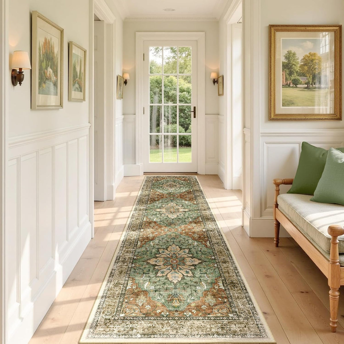 Washable Area Rug, Runner 2'x8', Brick/Brown/Green