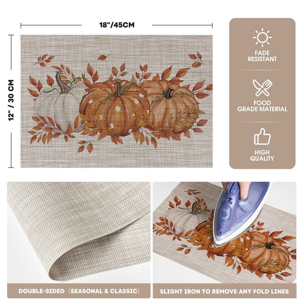 Pumpkins Leaves Fall Vinyl Placemats Set of 6, Wipeable Colorful Printing PVC Place Mats for Party Kitchen Dining