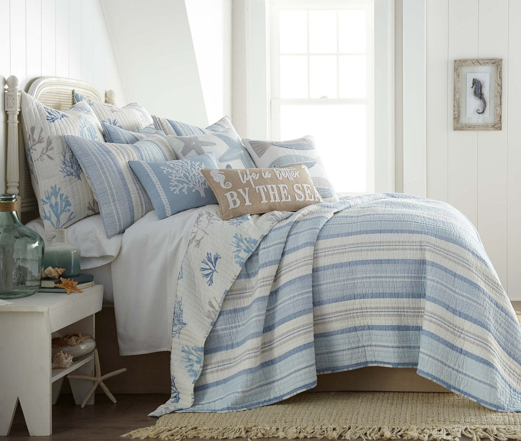 Ipanema Quilt Set - Full/Queen Quilt + Two Standard Pillow Shams - Coastal - Blue, Taupe and Cream - Quilt