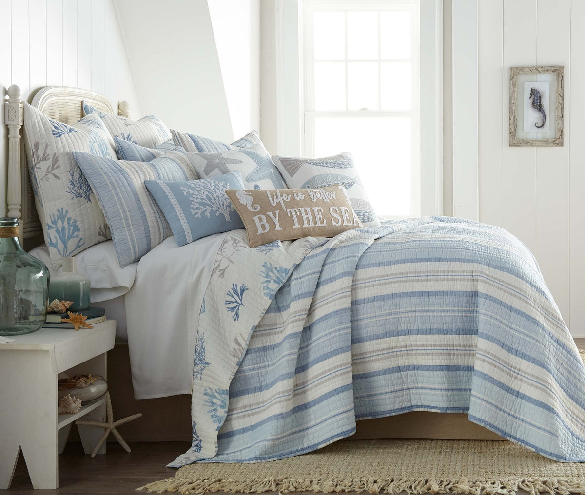 Ipanema Quilt Set - Full/Queen Quilt + Two Standard Pillow Shams - Coastal - Blue, Taupe and Cream - Quilt