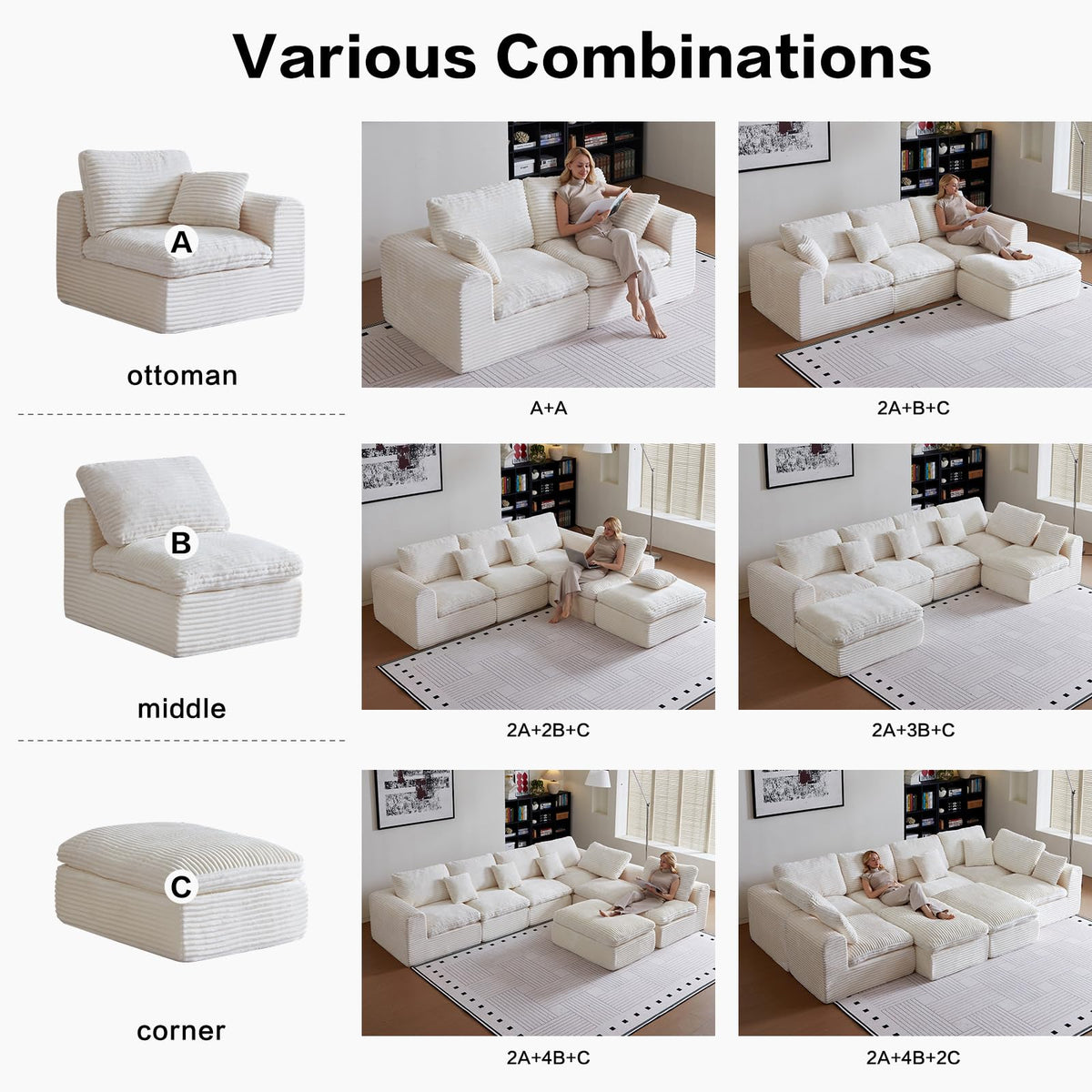 170" Large Cozy Sectional Couch, Couches, Beige, Soft