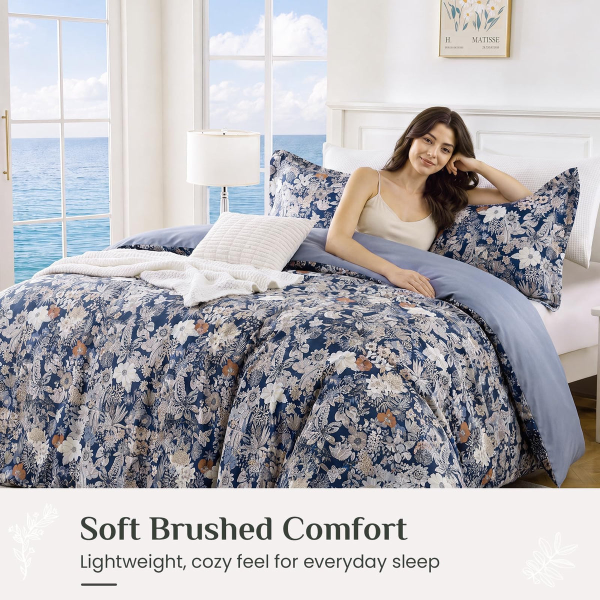 Duvet Cover, 3Pcs Reversible Floral Bedding Set Navy Blue