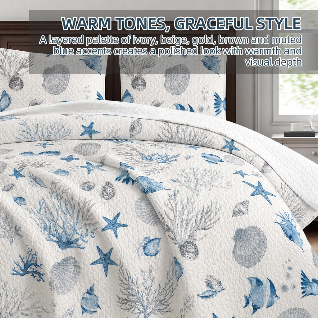 Coastal Blue Quilt Set, Coral Fish Starfish and Seashell Bedspread with 1 Pillow Sham, 68 x 88 Inches