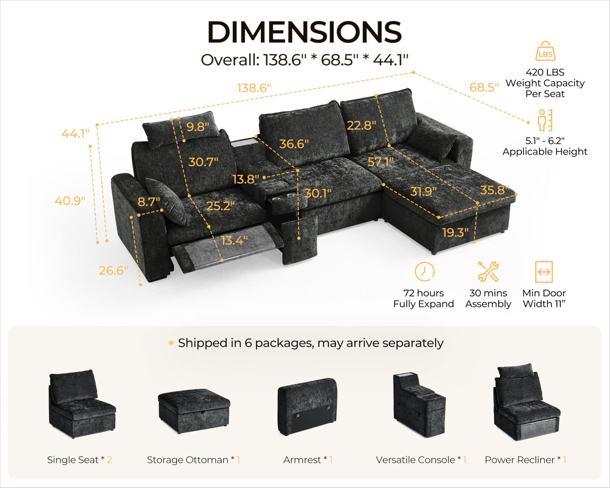 139" Modular Power Recliner Sectional L-shaped Couch with Ottoman, Chenille
