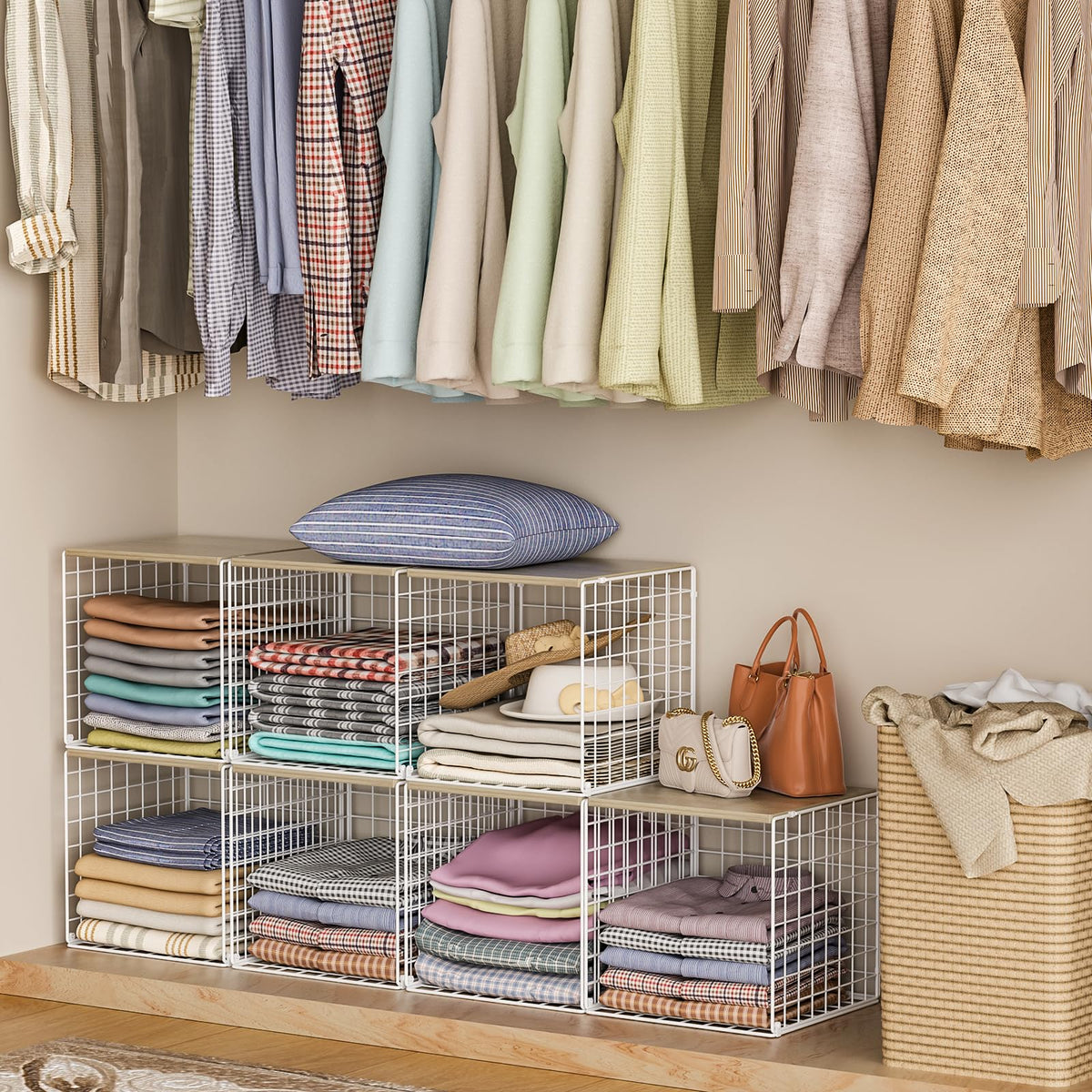 3PCS Stackable Closet Organizers and Storage, Closet Shelves with Wood Top Extra Storage, Clothes Storage Organizer