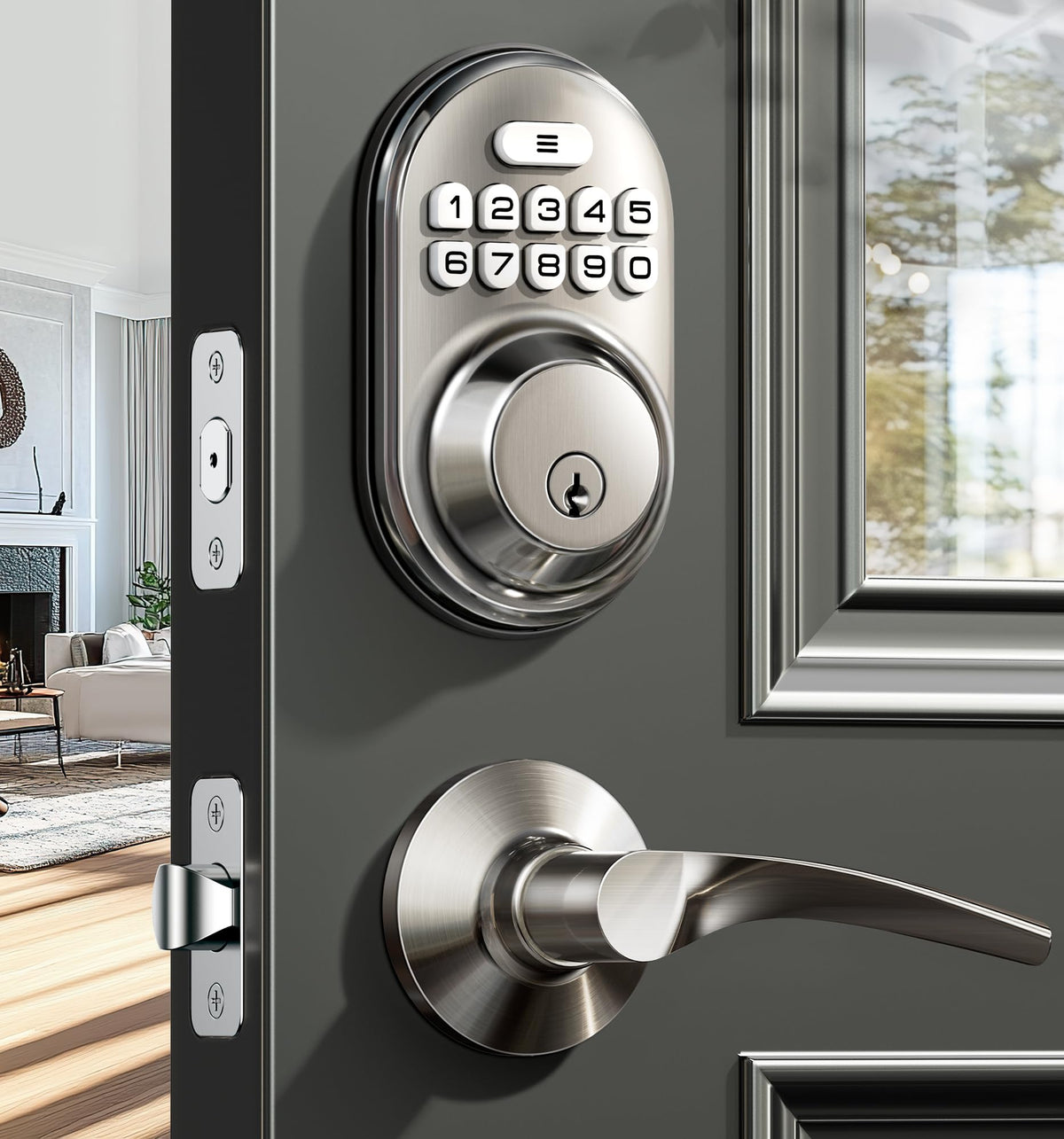 RZ-C Keyless Entry Door Lock with 2 Lever Handles, Satin Nickel