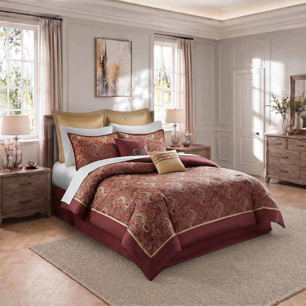 Luxury Jacquard Comforter Set 8-Piece Bedding Set, Elegant Damask Design with Bed Skirt & Decorative