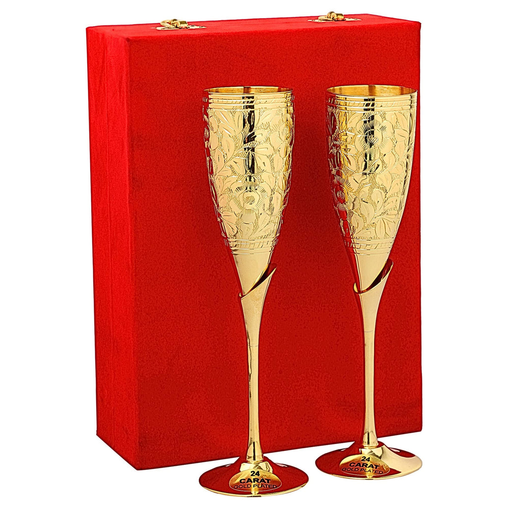 24K Gold Plated Wedding Champagne Flute for Bride & Groom Toasting Glass Set of 2, Brass Wine Goblet Metal Chalice