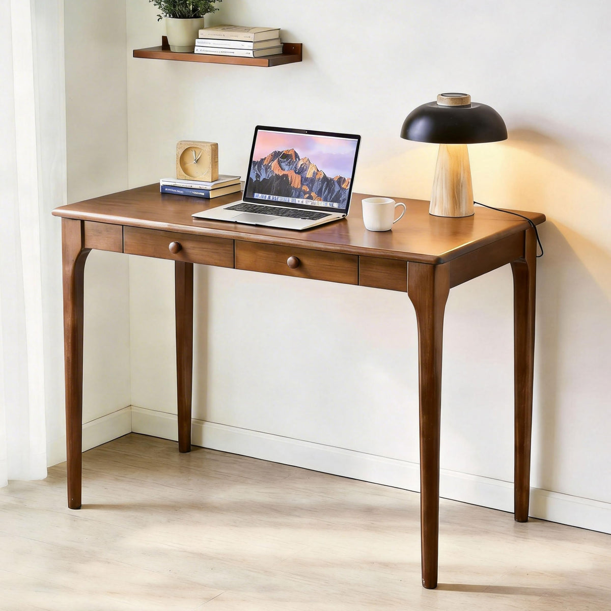 47" Walnut Solid Wood Desk with Drawers, Mid Century Modern Natural Real Wood Writing Desk, Home Bedroom Small Spaces