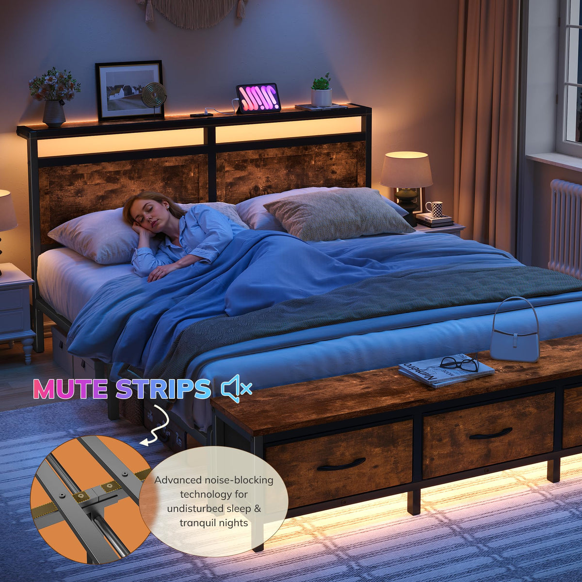Bed Frame with Ottoman & Charging Station, Rustic Brown