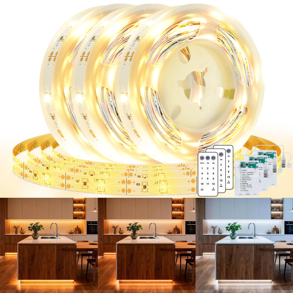 3 Pack 9.9FT Under Cabinet Lights Battery Powered with Remote, 12 Modes, Self-Adhesive, Flexible, Dimmable, Timer