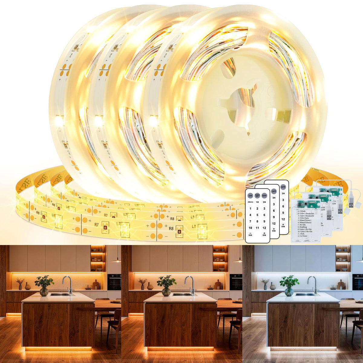 3 Pack 9.9FT Under Cabinet Lights Battery Powered with Remote, 12 Modes, Self-Adhesive, Flexible, Dimmable, Timer
