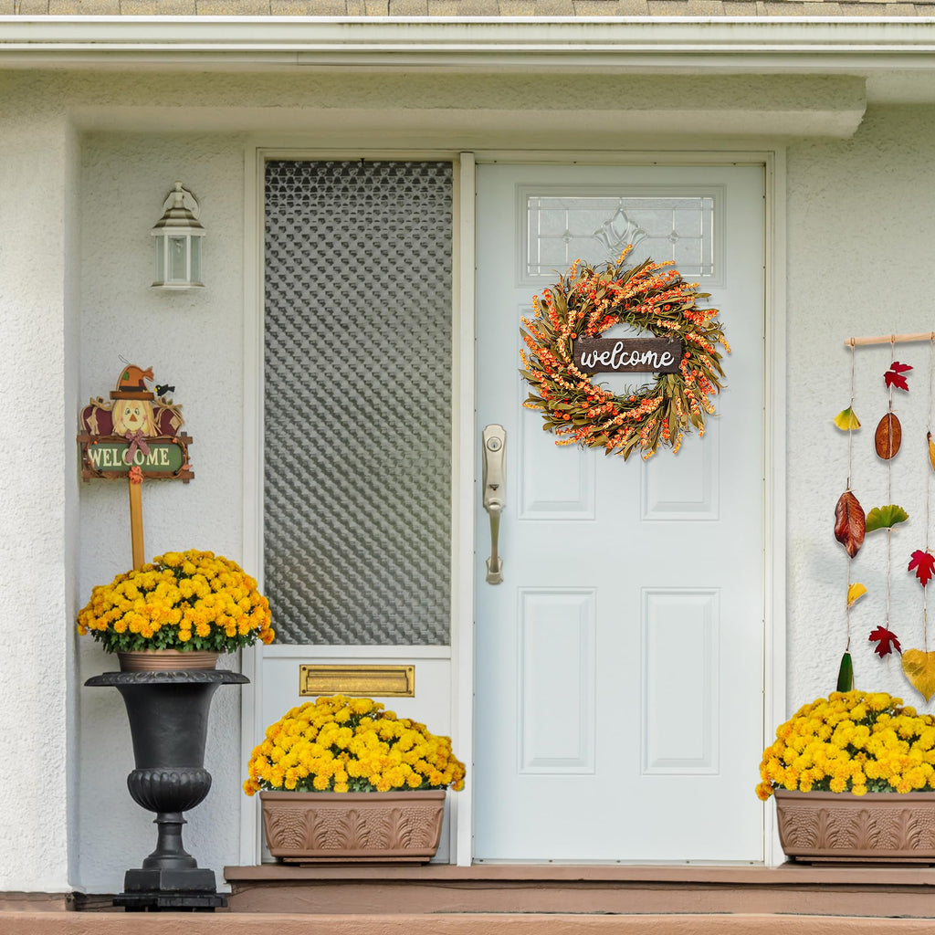 Artificial Fall Wreath - 22'' Autumn Front Door Wreath with Harvest Foam Leaves, Small Pumpkins for Outside, Indoor