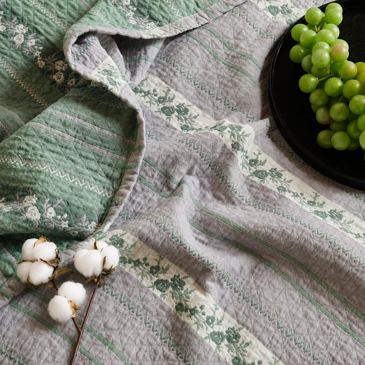 Cotton Jacquard Flower Quilt Set, 3-Piece Botanical Bedspread