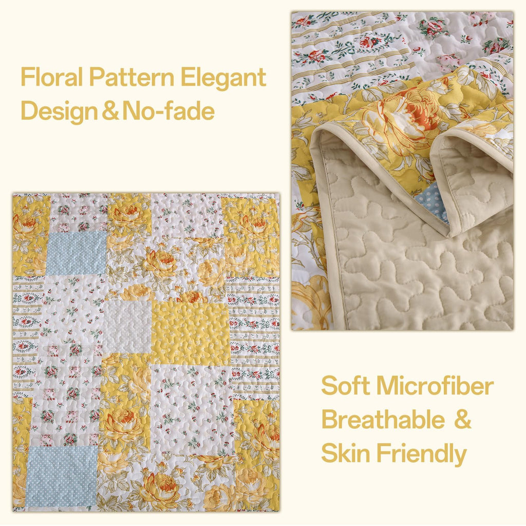 Yellow Patchwork Quilt Set, Rose Floral Plaid Bedspread