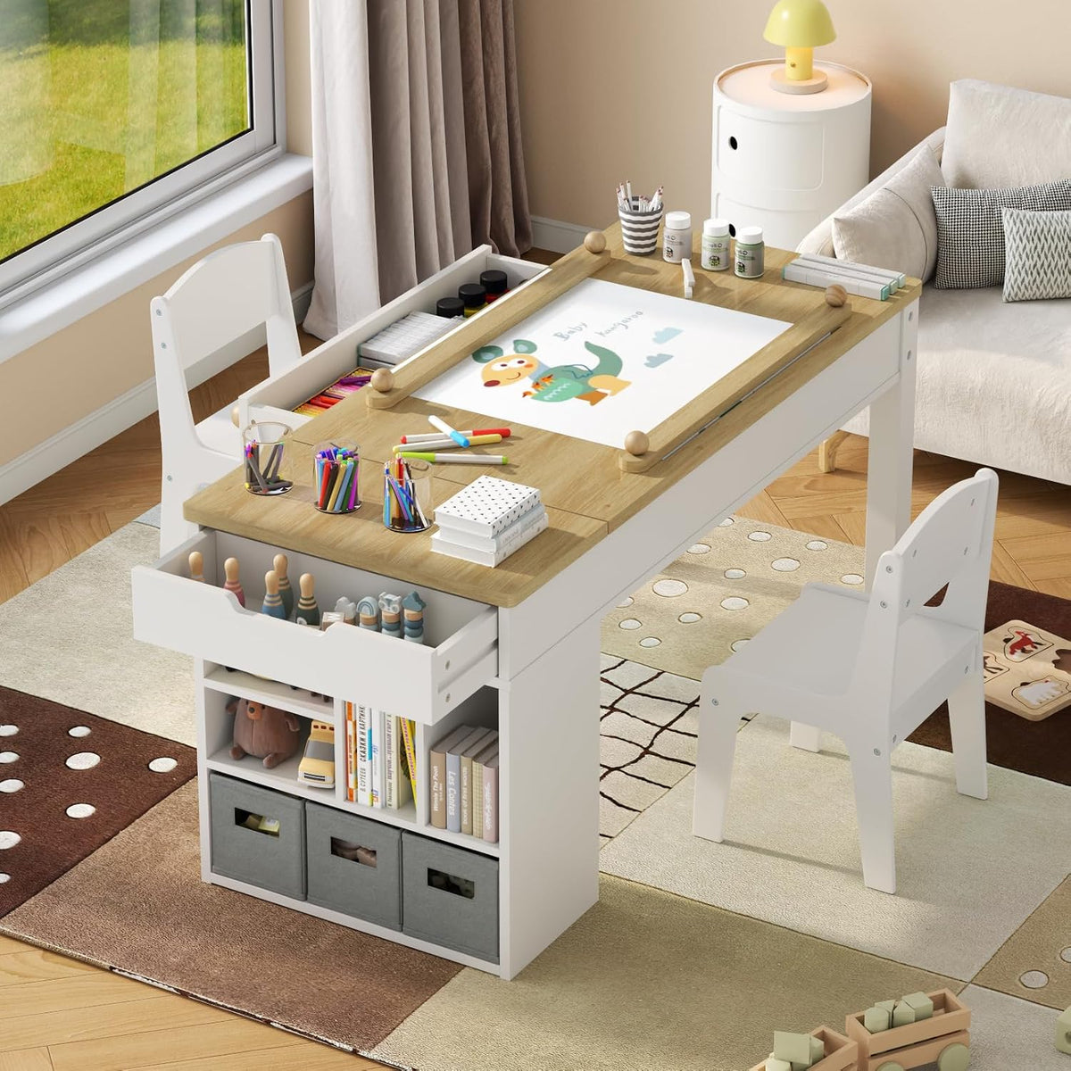 Kids Art Table and 2 Chairs Set,3 in 1 Wooden Craft Desk w/ Drawer for Draw