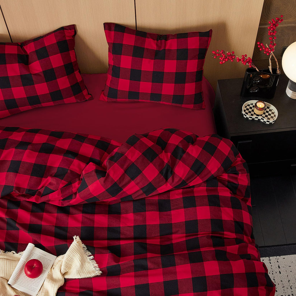 Gingham Cotton Duvet Cover Set, Plaid Buffalo Check Checkered Farmhouse, 100% Washed Cotton Textured Bedding Set, 3