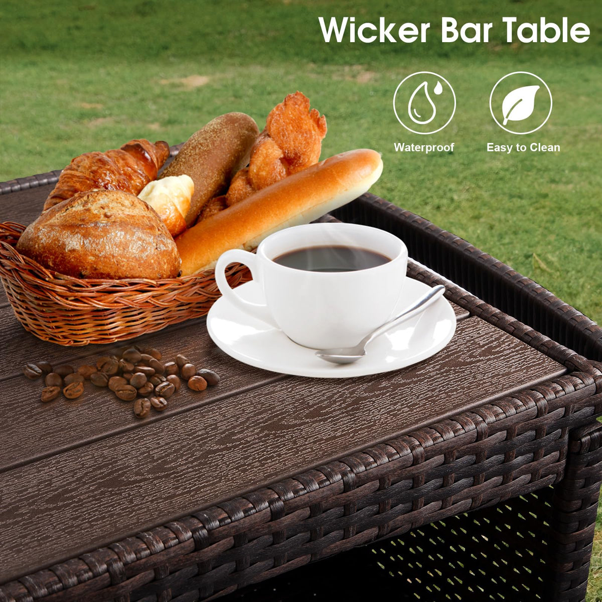 Wicker Outdoor Bar Cart with Storage & Rolling Wheels, Patio Bar Table w/Shelf, Outdoor Storage Cabinet Buffet